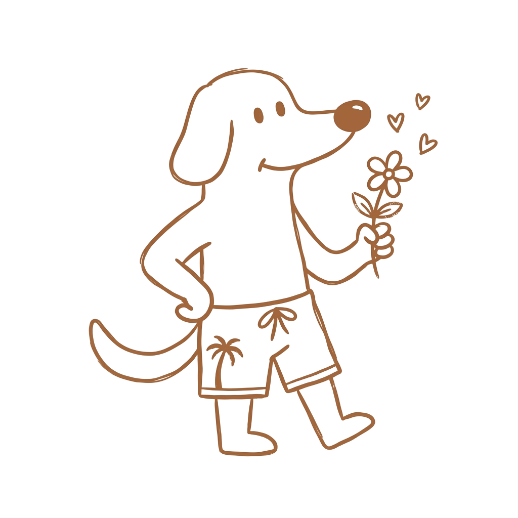 The What Up Dog mascot holding a flower, hopeful and charming